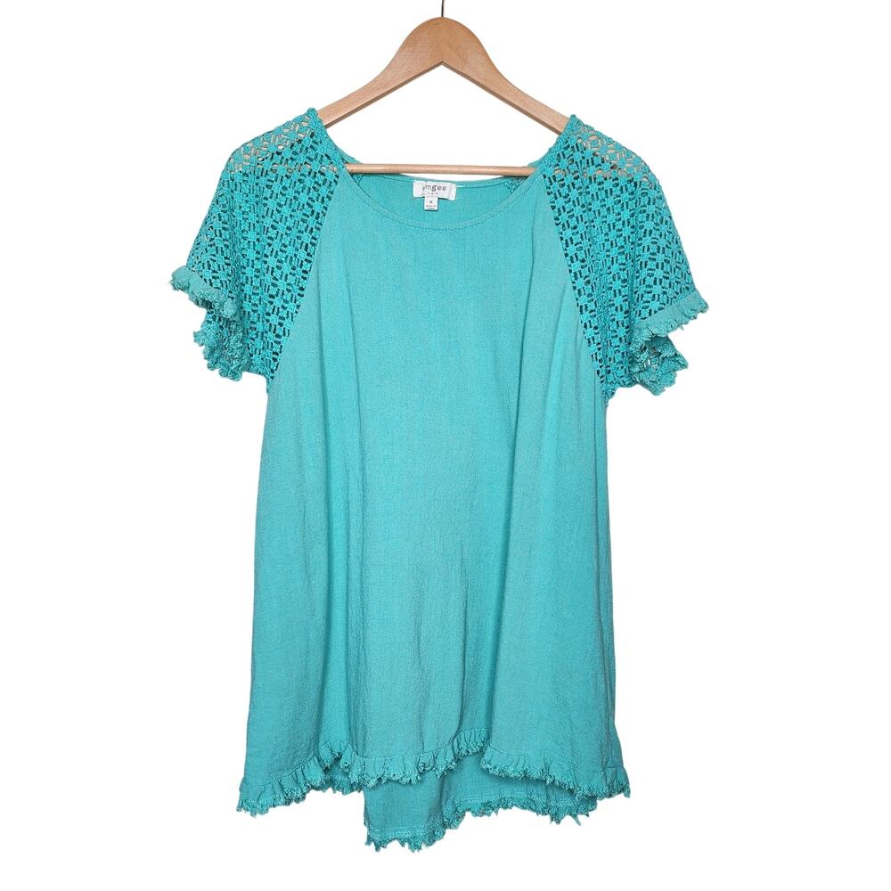 Umgee Turquoise Linen Short Sleeve Shirt Women's Size Medium